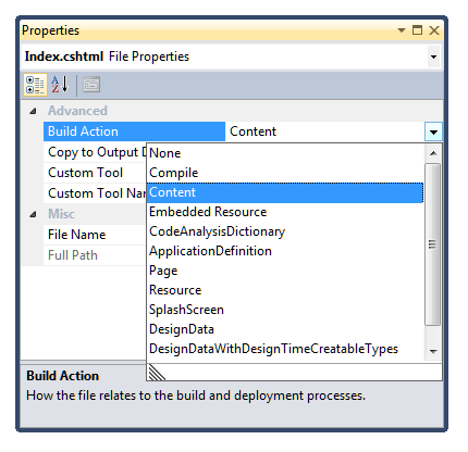 Screenshot of the properties dialog box with the build action menu open. The content option is selected.