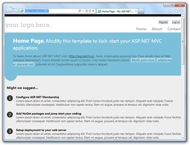 Screenshot of the browser view of the default project template.