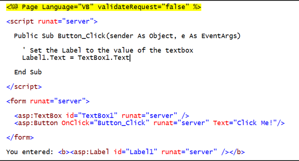 Screenshot that shows the code below is modified to turn off request validation.