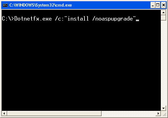 Screenshot that shows from the command prompt, type the following line to start the installation of the .NET Framework: Dotnetfx.exe /c:"install /noaspupgrade?