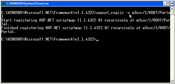 Screenshot that shows to run Aspnet_regiis.exe -s W 3 S V C slash 1 slash ROOT slash Portal to update the portal I I S script map and its subapplication.