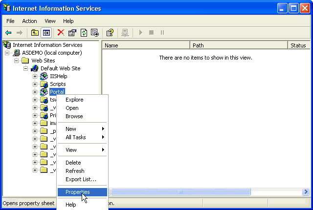 Screenshot that shows to right-click on the Web application, and click on Properties.