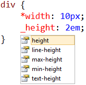Screenshot that shows height selected in the list.