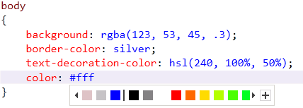 Screenshot that shows a list of previously used colors followed by a default color palette.