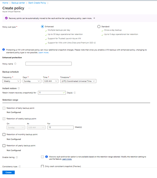 Screenshot that shows the Enhanced backup policy options.