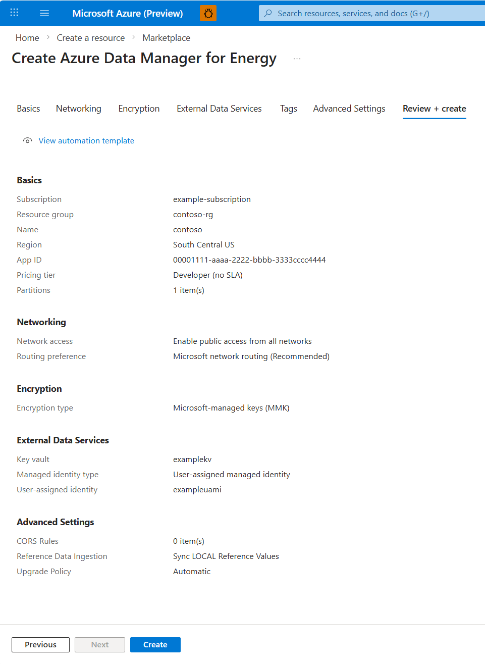 Screenshot of the tab for reviewing details for an Azure Data Manager for Energy instance before creation, including validation results.
