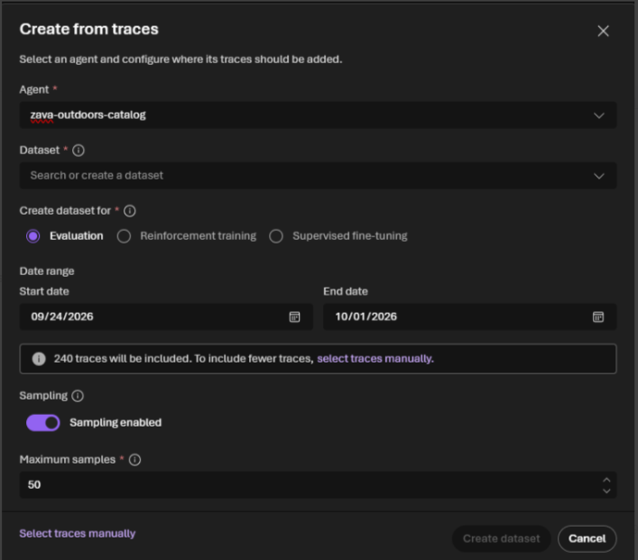 Screenshot of the Create from traces dialog showing the agent, dataset, evaluation usage, date range, sampling, and maximum samples settings.