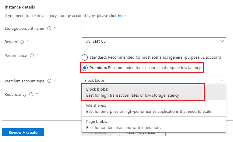 Screenshot of the Premium account type set to Block blobs on the Create a storage account page.