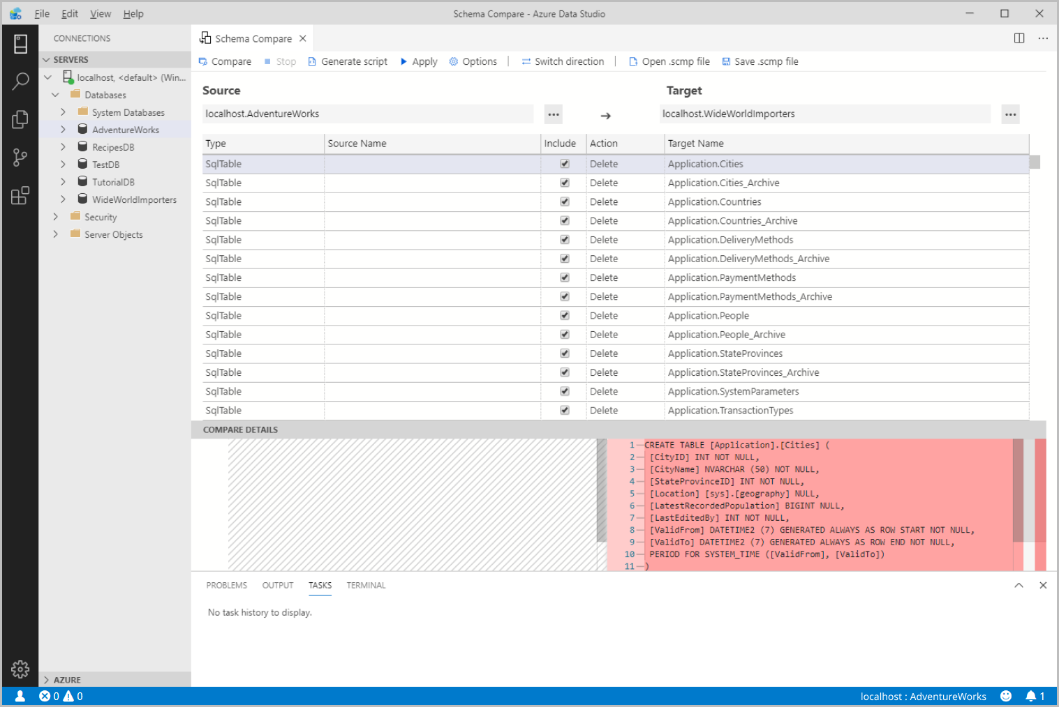 Screenshot of the Azure Data Studio G U I, comparing schemas.