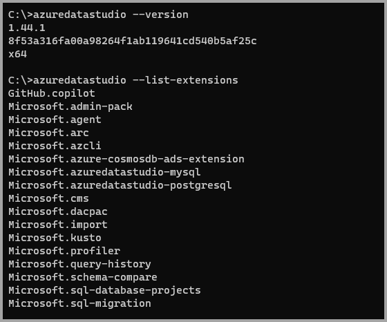 Screenshot of command line output for Azure Data Studio.