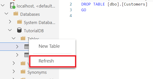 Screenshot of Table Designer showing how to refresh table.