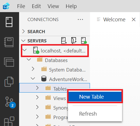 Screenshot of Table Designer showing how to traverse object explorer to create a new table.