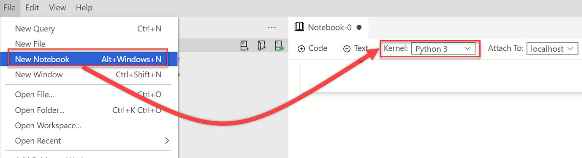Screenshot that shows the New notebook menu option and setting the Kernel value to Python 3.