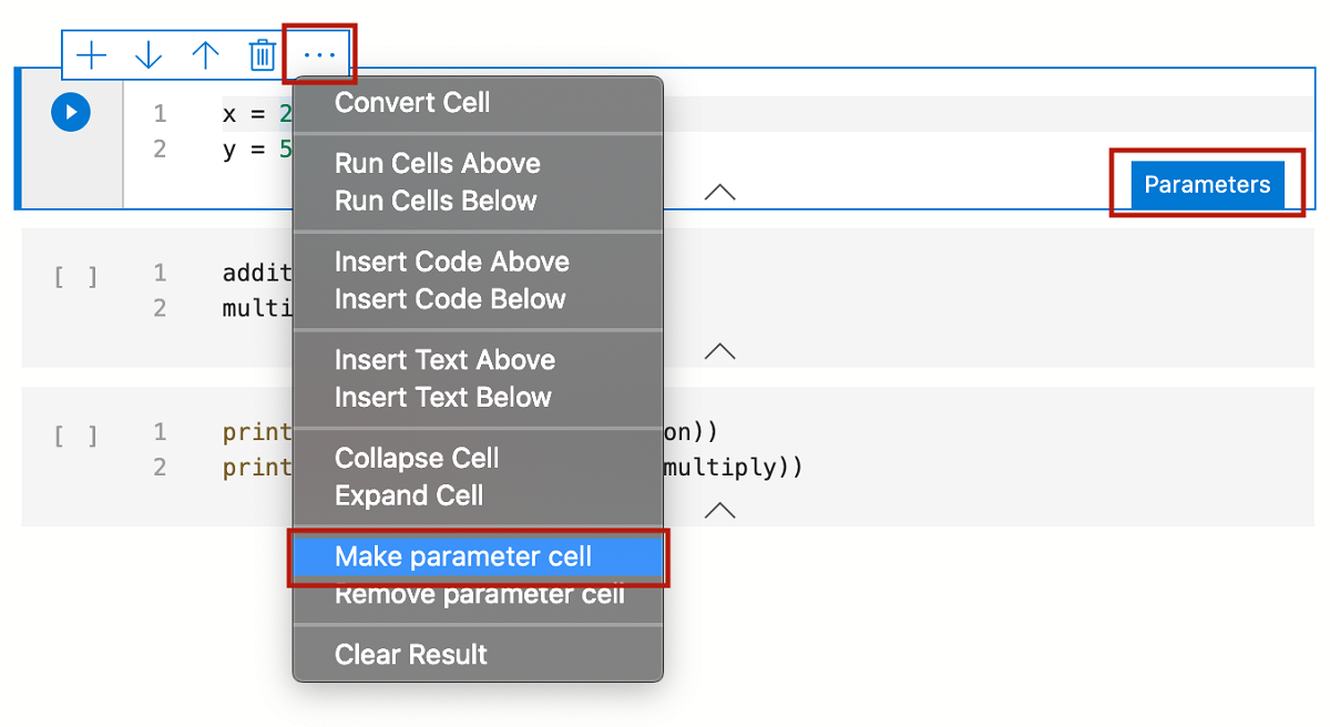 Screenshot that shows creating a new parameters cell with Parameters selected.