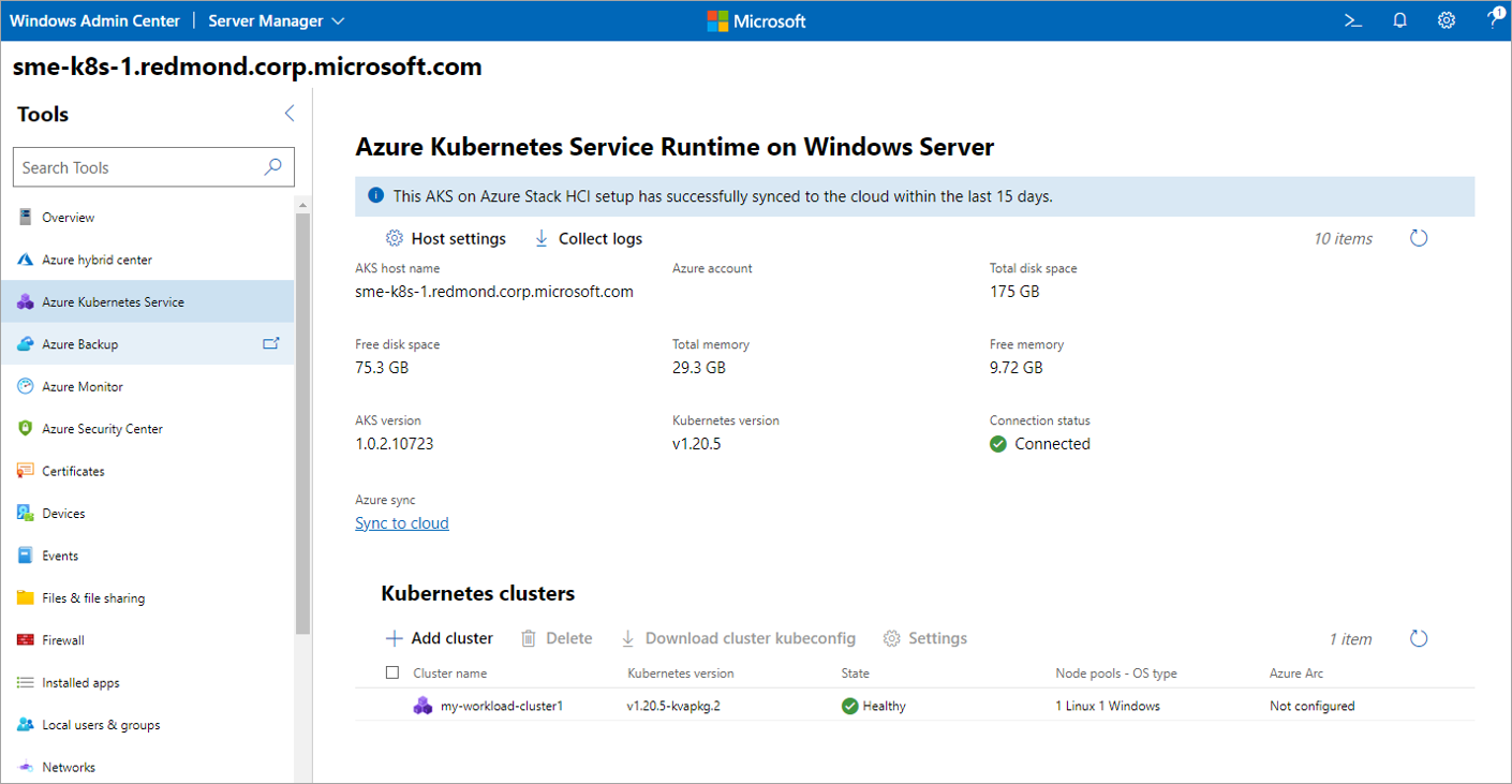 Screenshot showing the Azure Kubernetes Service tool dashboard.