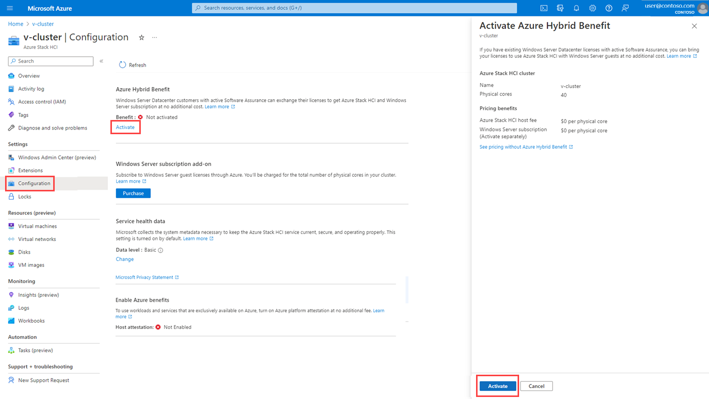 Screenshot showing how to activate Azure Hybrid Benefit.
