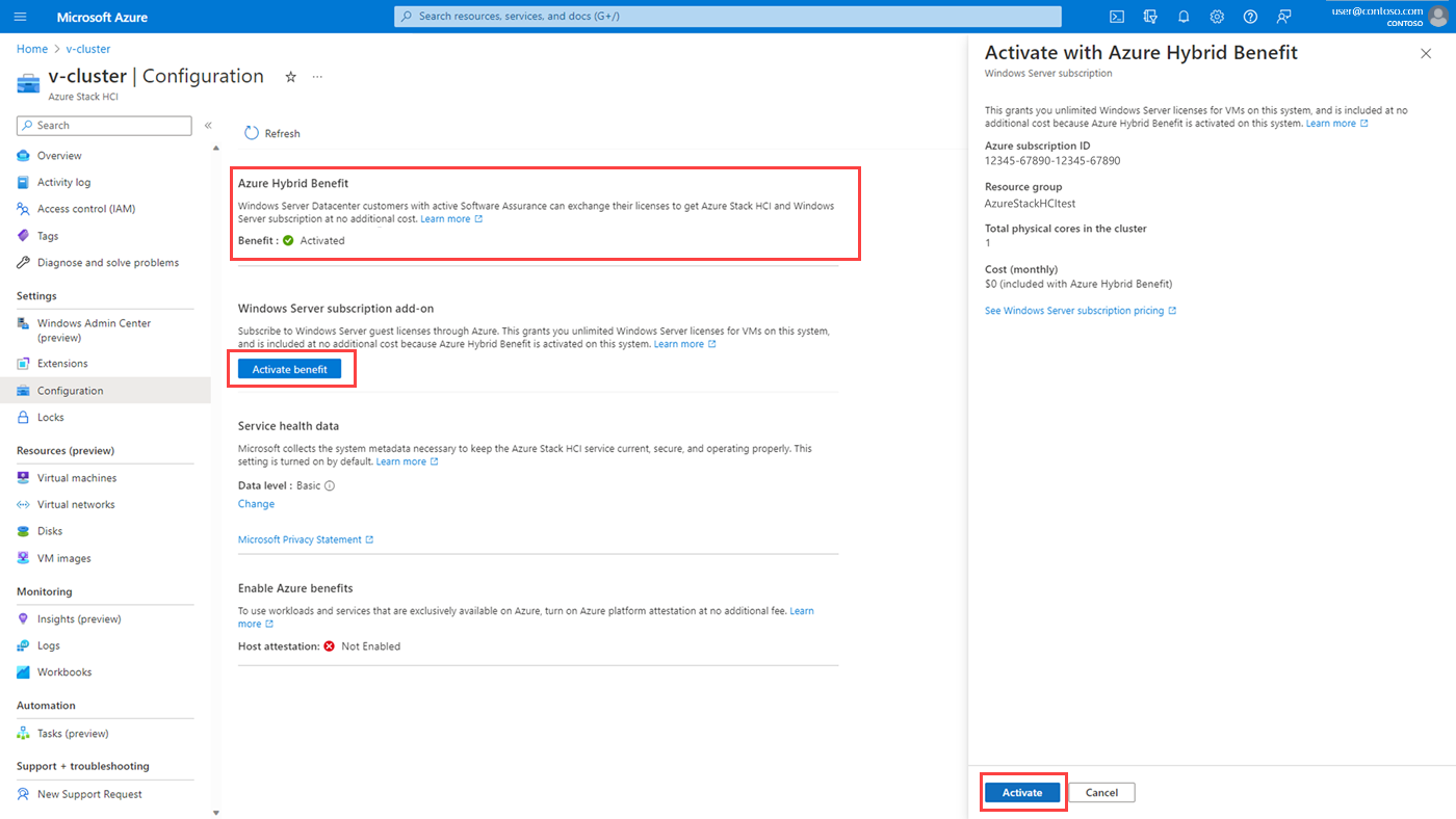 Screenshot showing how to activate Windows Server subscription.