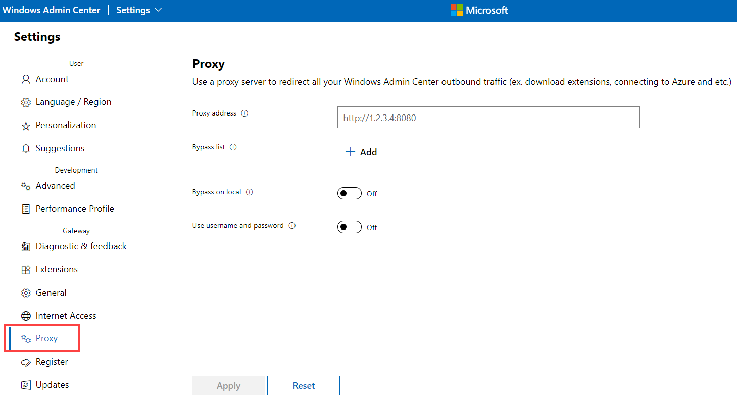 Screenshot of Windows Admin Center Proxy settings pane.