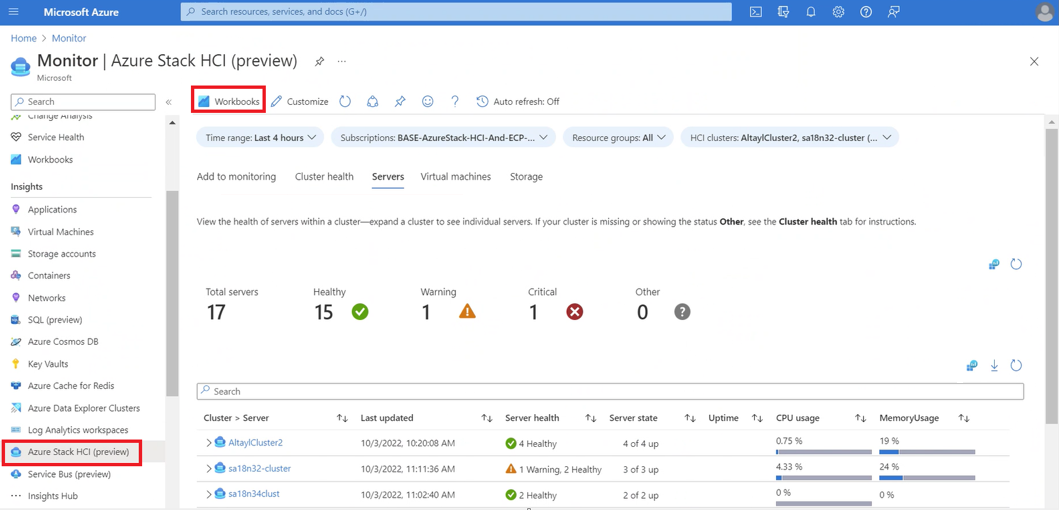Screenshot of Azure Stack HCI monitoring screen and the resources that are set up for alerts.