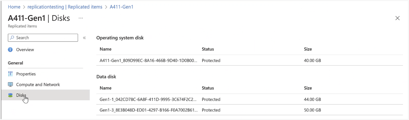 Screenshot of Disks for a selected replicated VM in Azure portal for Azure Stack HCI cluster resource.