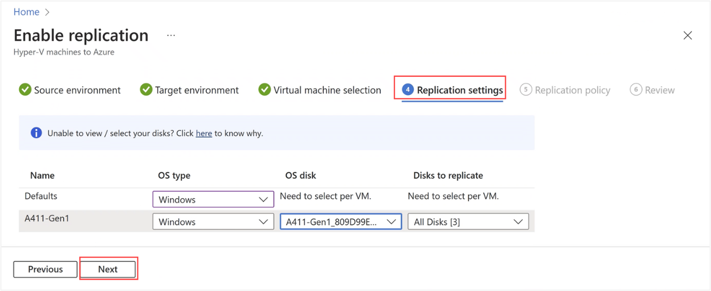 Screenshot of Replication settings tab in Azure portal for Azure Stack HCI cluster resource.