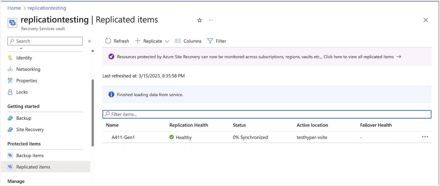 Screenshot of Replicated items in Azure portal for Azure Stack HCI cluster resource.