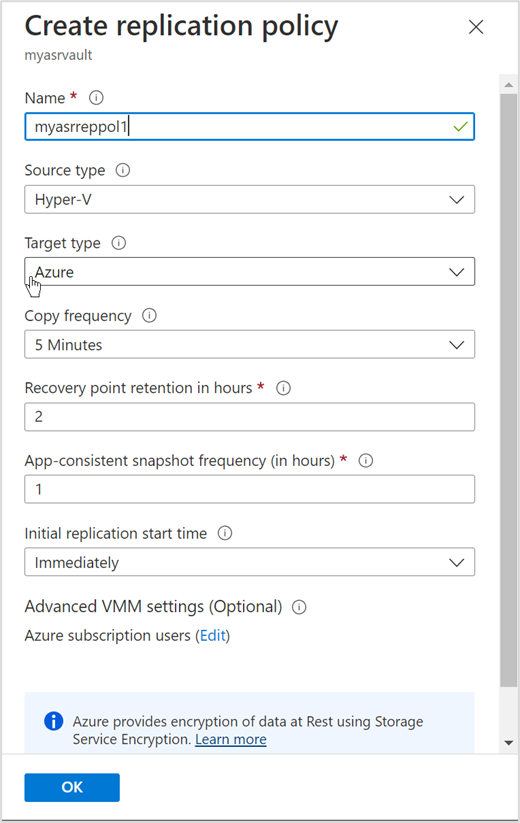 Screenshot of Create replication policy in Azure portal for Azure Stack HCI cluster resource.