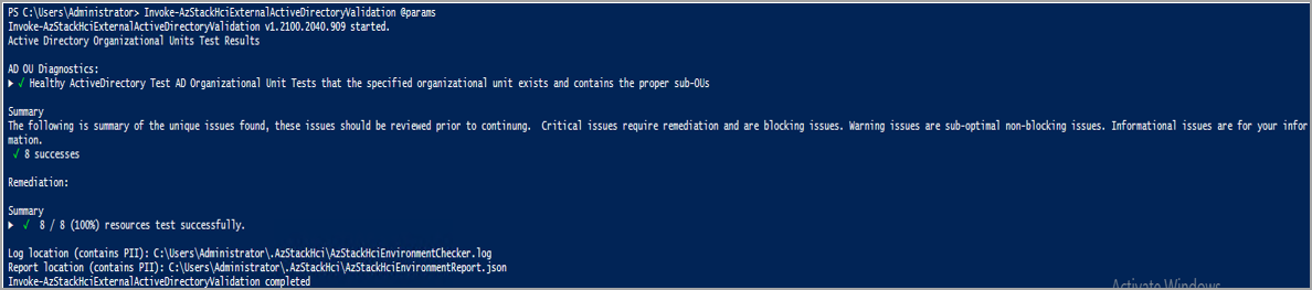 Screenshot of a passed report after running the Active Directory validator.