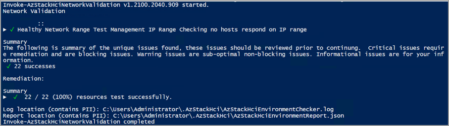 Screenshot of a passed report after running the network validator.