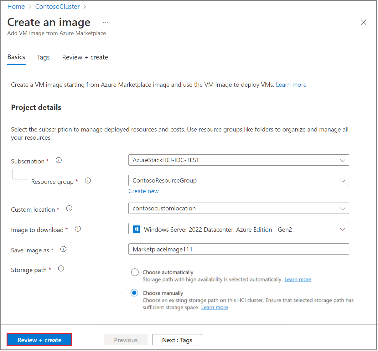 Screenshot of the Create an Image page highlighting the Review + Create button.