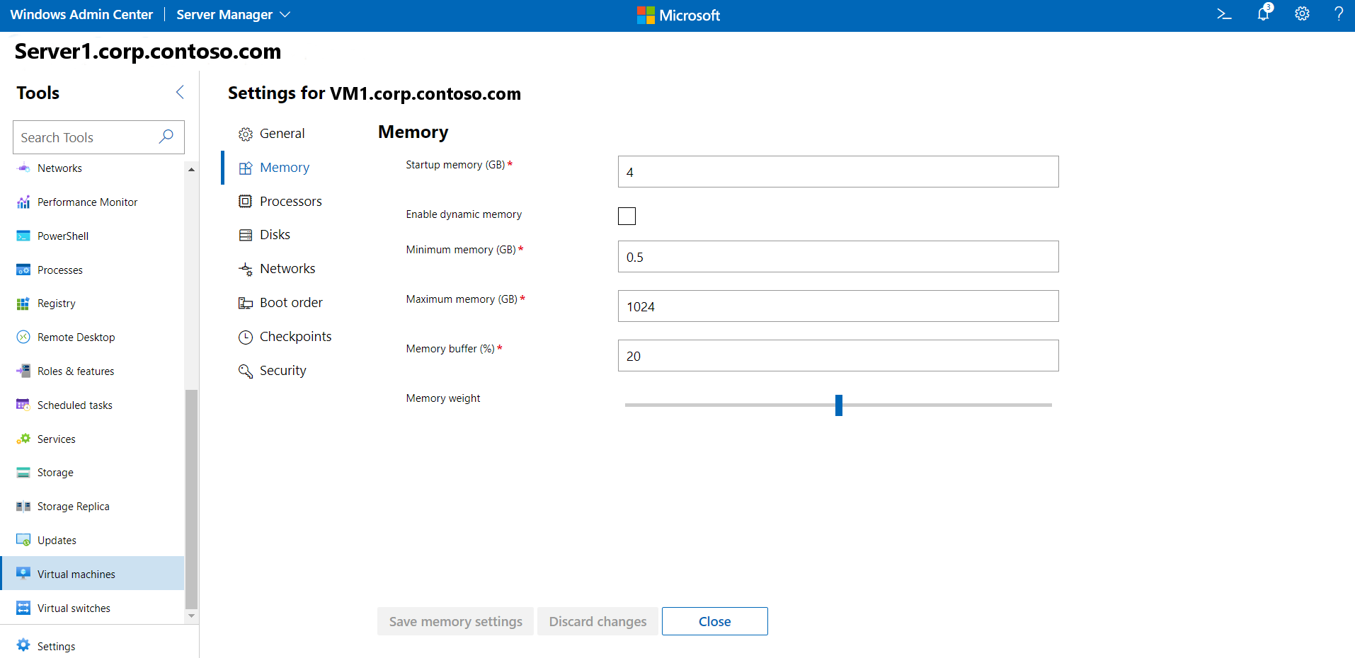 Change VM memory settings screen