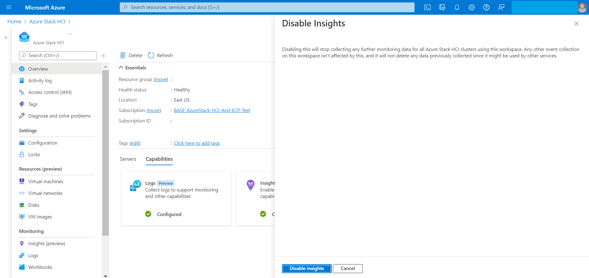 Portal screen for disabling Insights