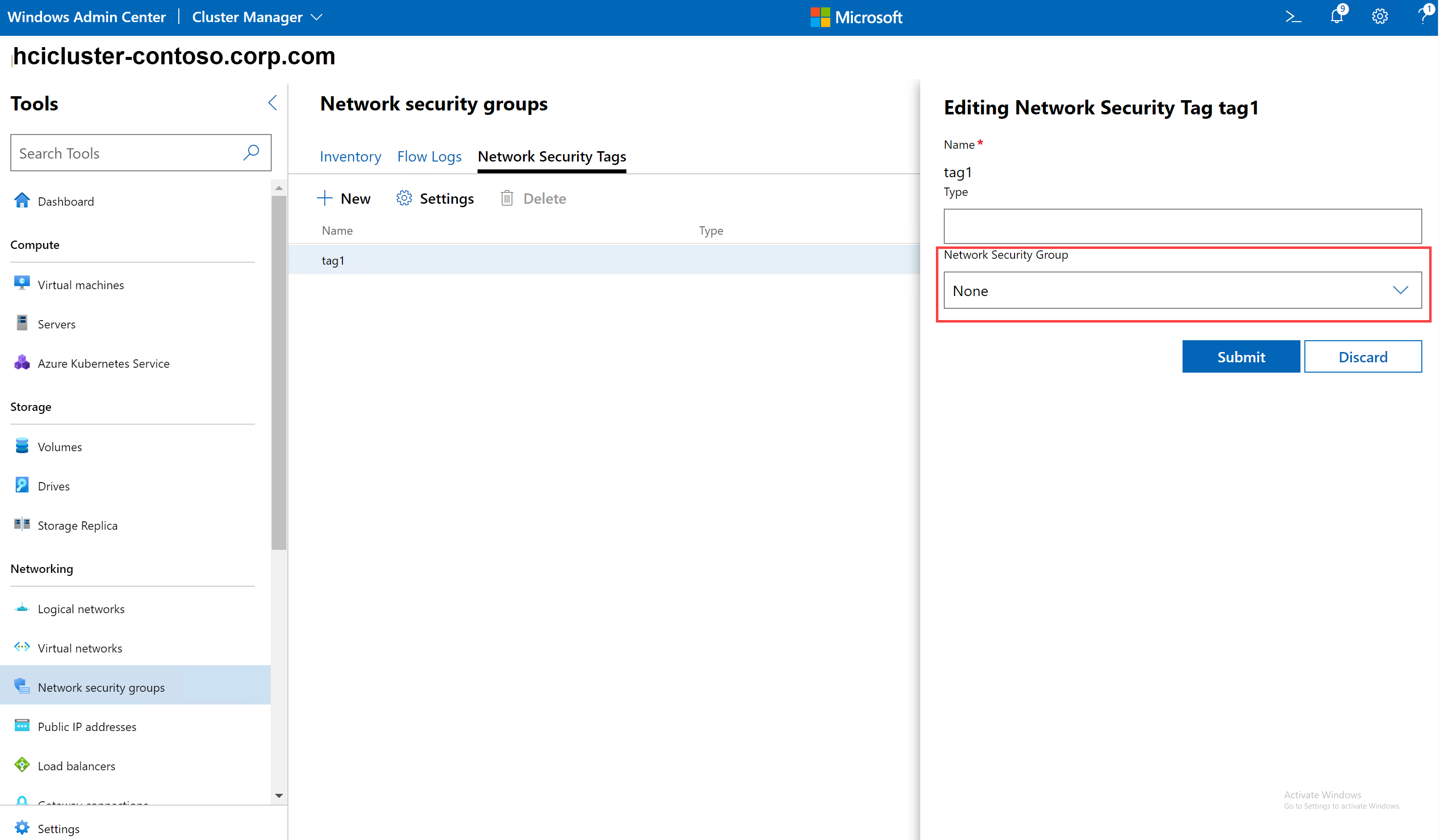 Screenshot showing how to apply an existing network security group to a network security tag.