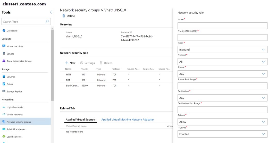 Screenshot of Windows Admin Center showing the Network security rule pane.