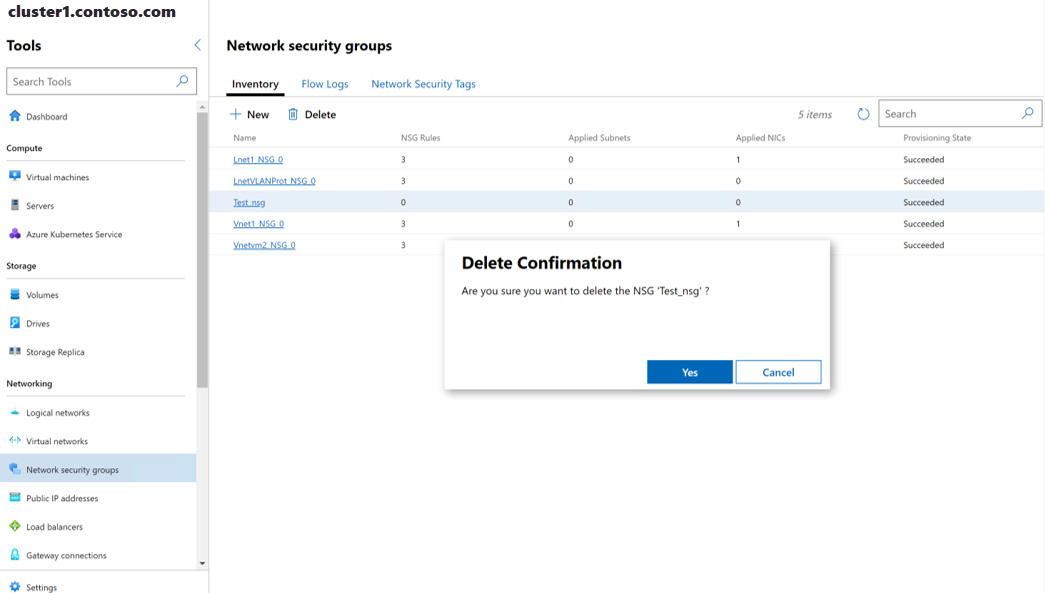 Screenshot of Windows Admin Center showing the Delete confirmation prompt to delete a network security group.