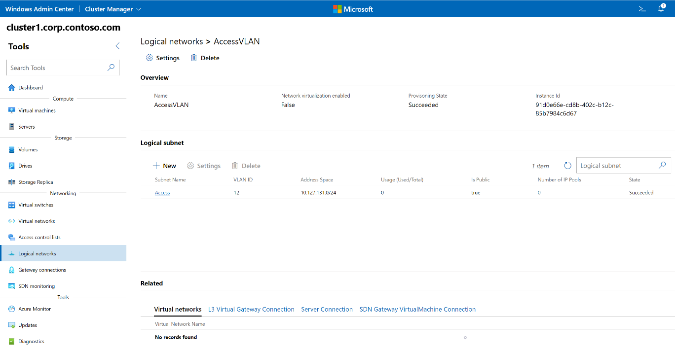 Screenshot of Windows Admin Center showing the details view of a logical network.