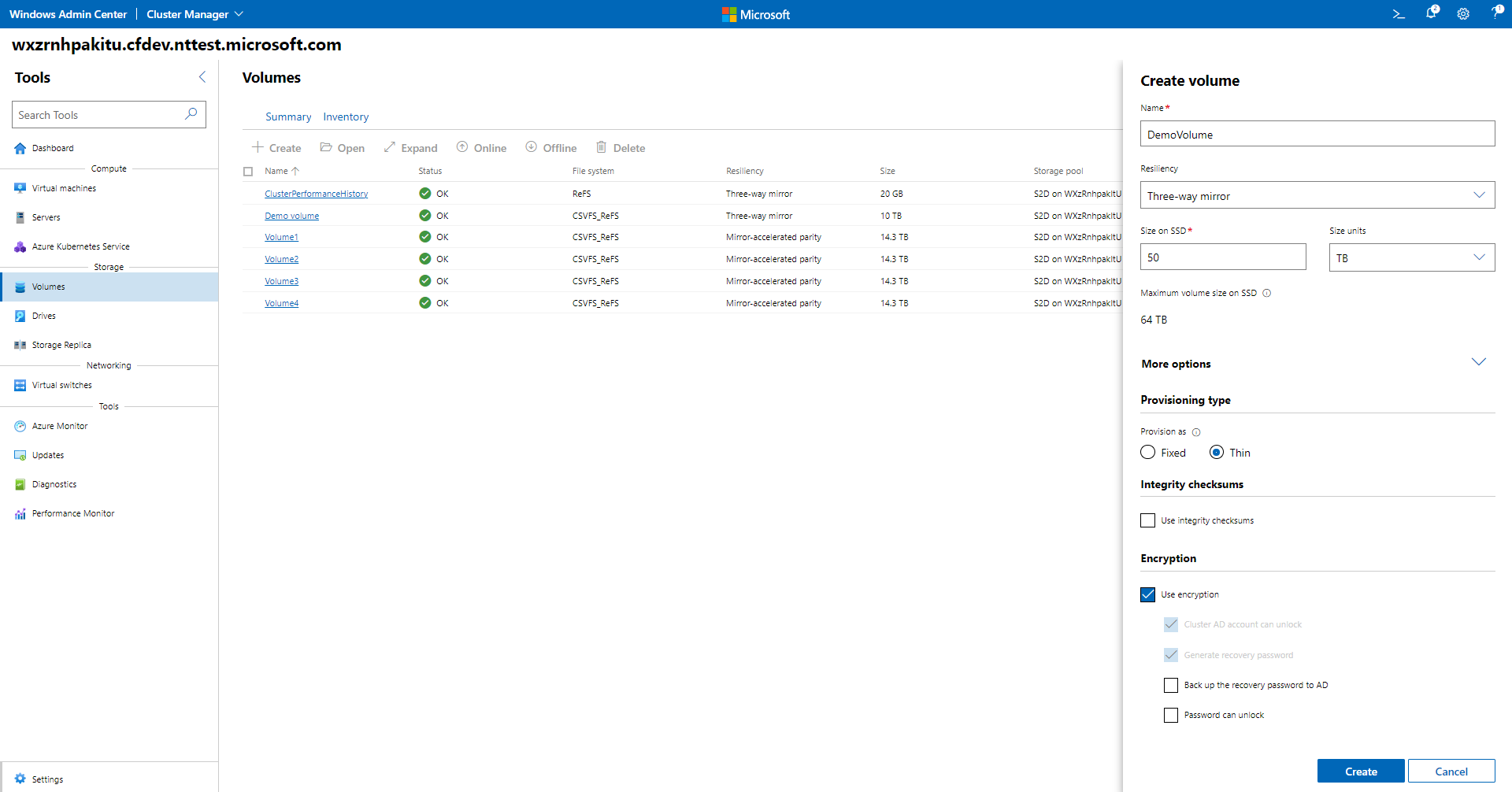 You can create a thinly provisioned volume in Windows Admin Center.