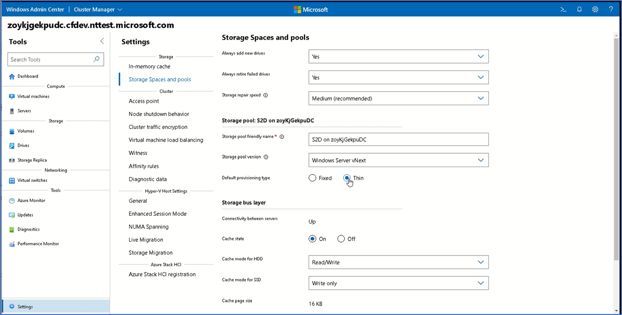 You can change the default provisioning type by selecting Storage Spaces and pools under Settings in Windows Admin Center.