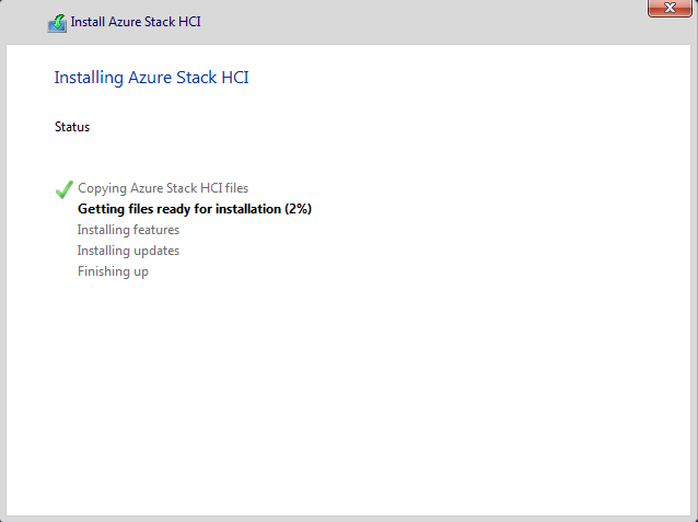 The status page of the Install Azure Stack HCI wizard.