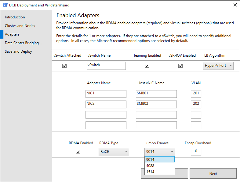 The Adapters page of the Validate-DCB configuration wizard