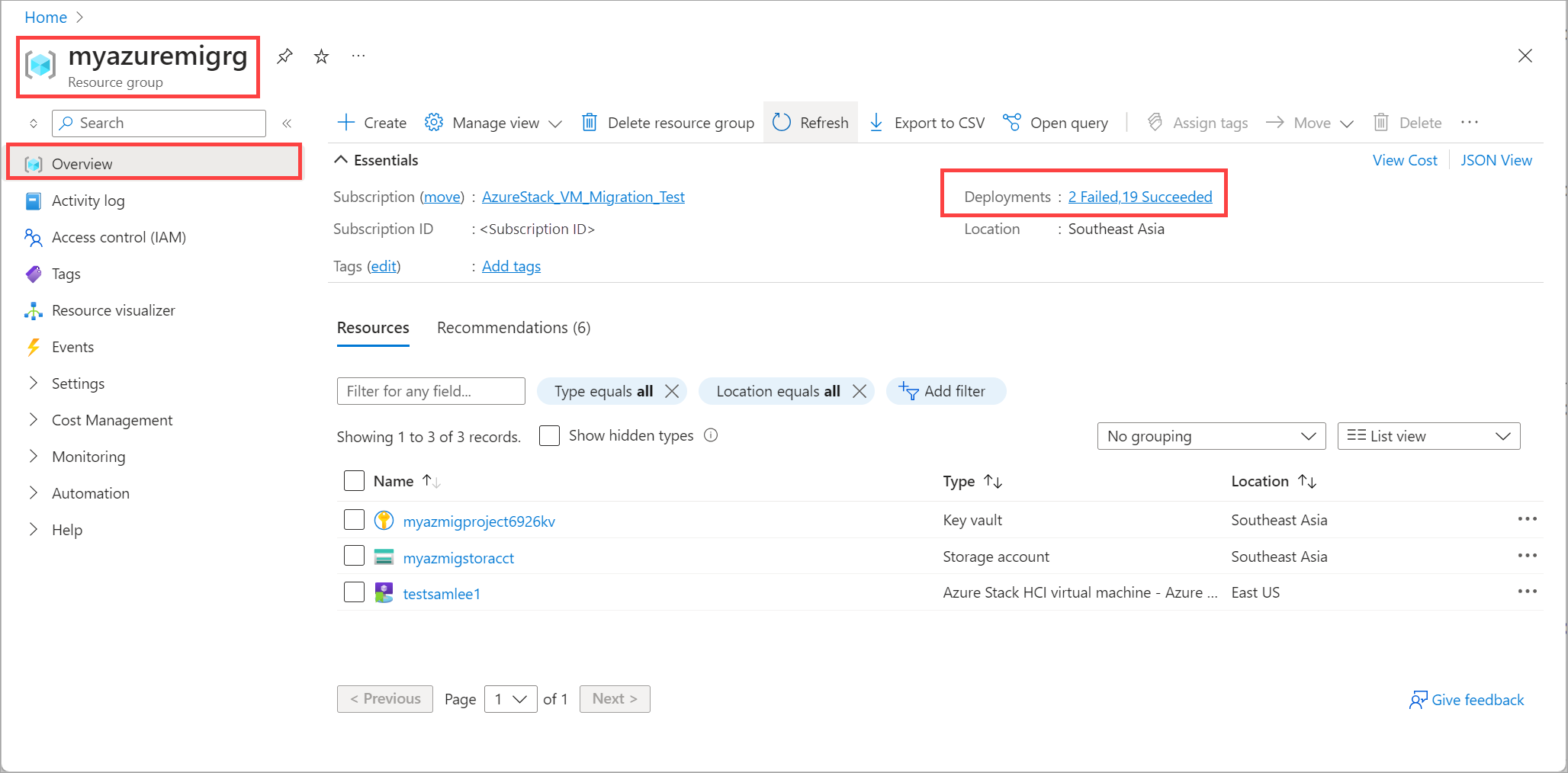 Screenshot Azure Migrate project resource group > Overview in Azure portal.