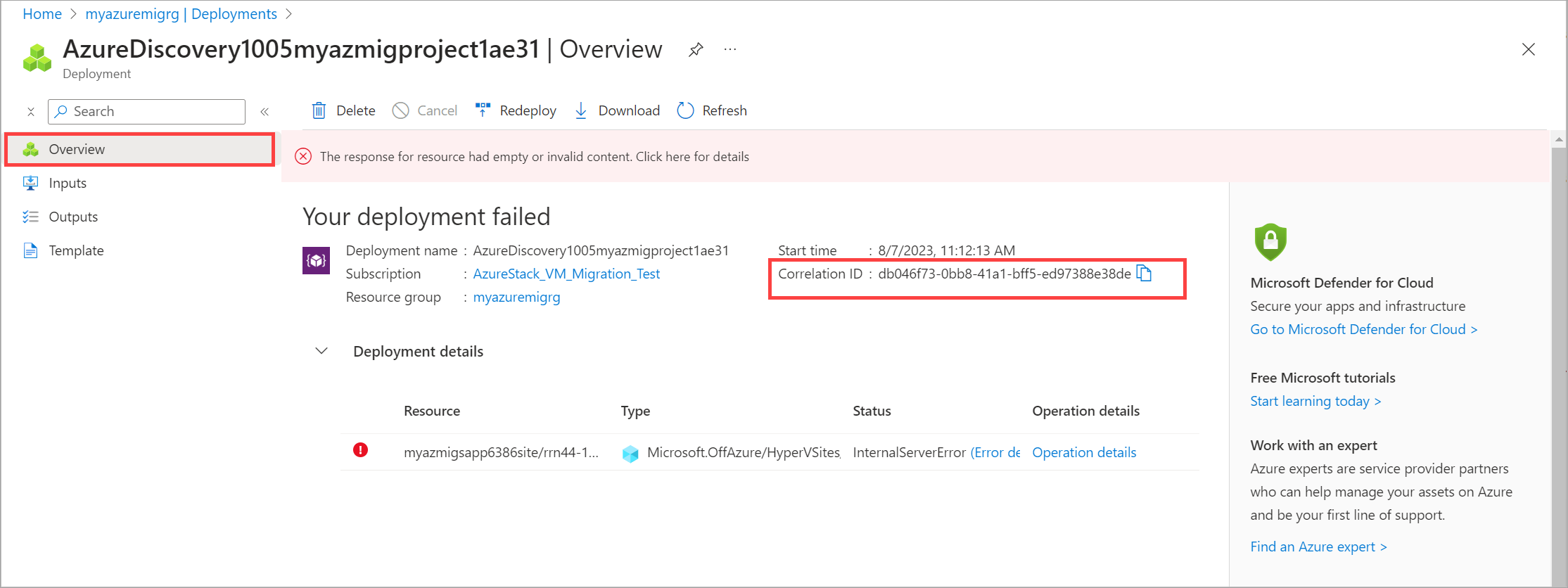 Screenshot Azure Migrate project resource group > Deployments > Your deployment > Overview in Azure portal.