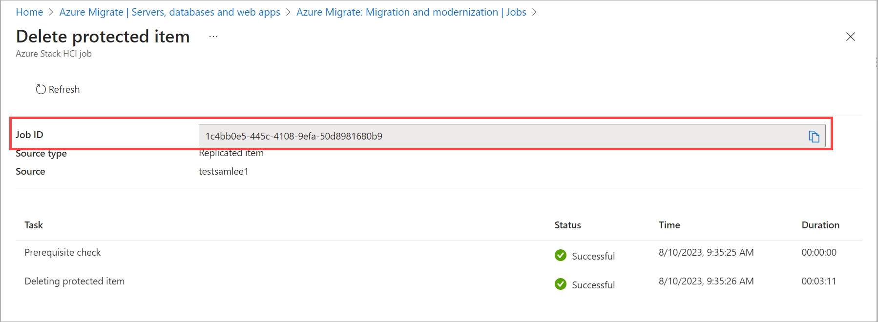 Screenshot Azure Migrate project > Migration tools > Overview > Azure Stack HCI migration > Jobs >  Your job > Create or update protected item in Azure portal.