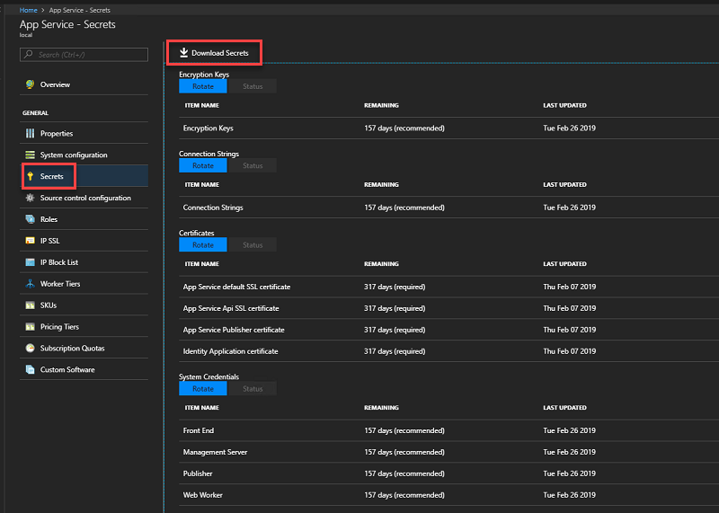 Screenshot showing download secrets in Azure Stack Hub administrator portal.
