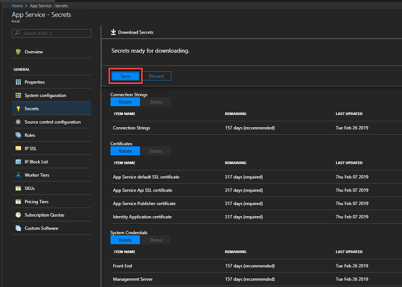 Screenshot showing save secrets in Azure Stack Hub administrator portal.