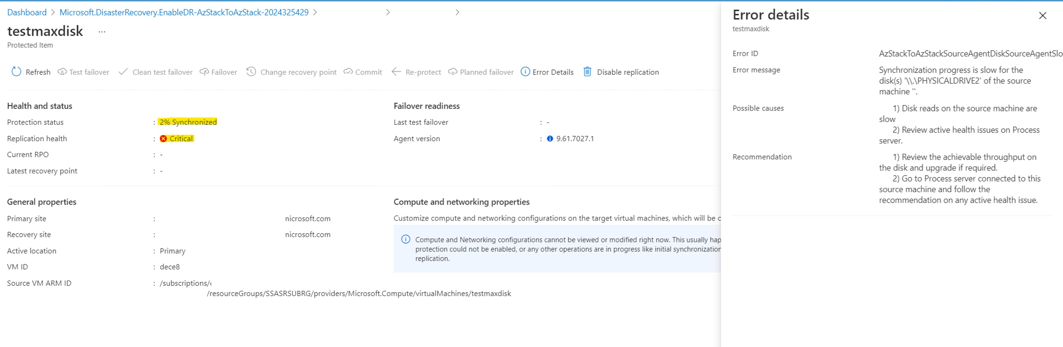 Screenshot of Azure portal showing maximum disk error.