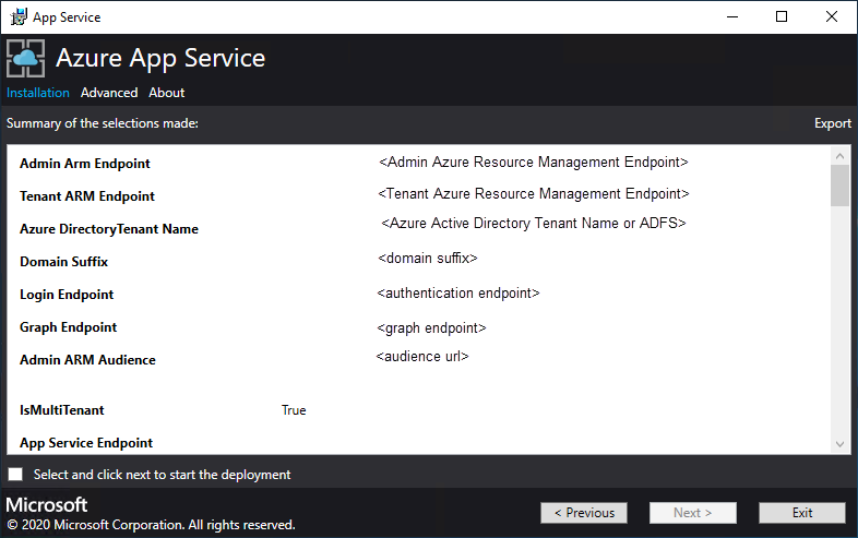 Screenshot that shows the summary of the options specified for deployment by the App Service Installer