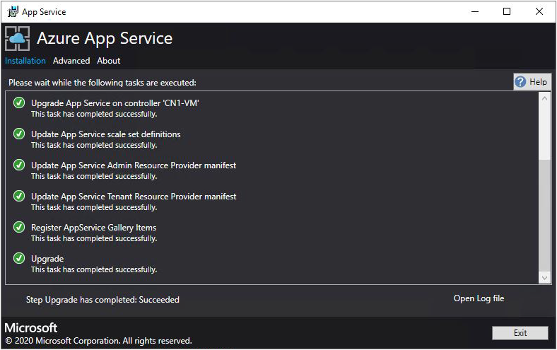 Screenshot showing Azure App Service on Azure Stack Hub upgrade progress.