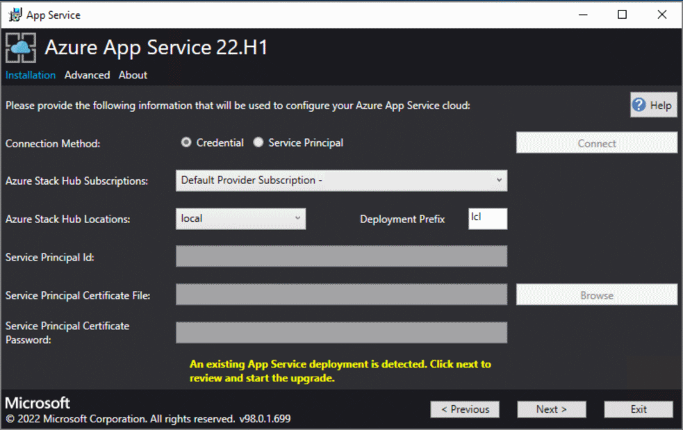 Screenshot showing Azure App Service on Azure Stack Hub installation detected.