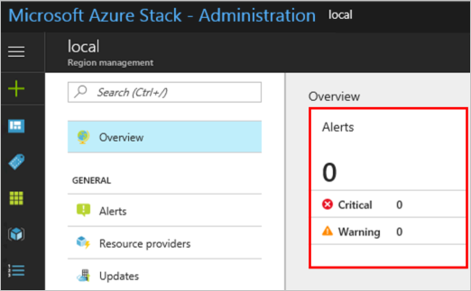Alerts tile that shows a warning in Azure Stack Hub administrator portal